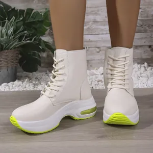 Modische cremefarbene Damen-Sportstiefel aus PU-Leder mit leuchtend neongelben Akzenten