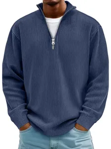 Polo de manga larga para hombre, azul marino acanalado con cuello alto y media cremallera.