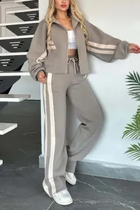 Γυναικείο casual αθλητικό σετ Y2K με πλαϊνές ρίγες και ζακέτα με φερμουάρ για φθινόπωρο.