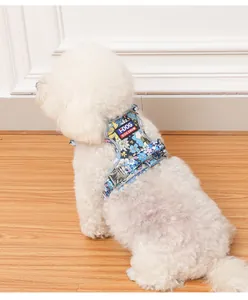 Vista dettagliata di una pettorina per cani in nylon a fiori indossata da un barboncino.