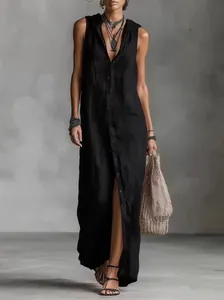 Elegant black sleeveless hooded maxi dress with front buttons and breathable fabric detail