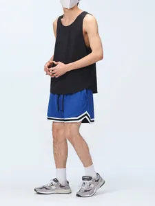 Men's blue mesh sports shorts with white trim and drawstring waist detail