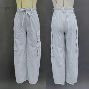 Light grey high-street cargo pants with multi-pockets and drawstring waist