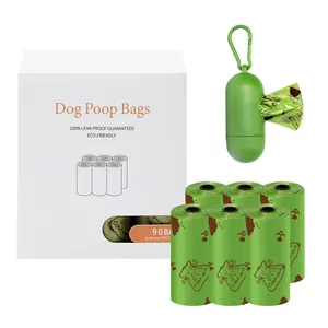 Eco-friendly biodegradable dog poop bag set with green dispenser and storage box