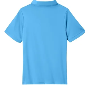 High-quality back view of a plain light blue children's short-sleeved polo shirt