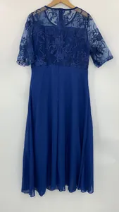 Back view detail of navy blue chiffon midi dress with elegant floral lace bodice design