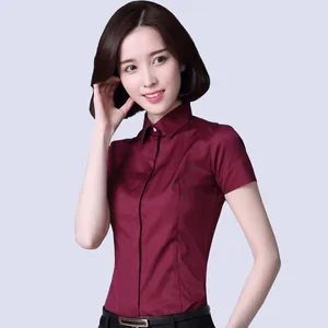Elegant wine red short sleeve slim fit women's professional button-down dress shirt