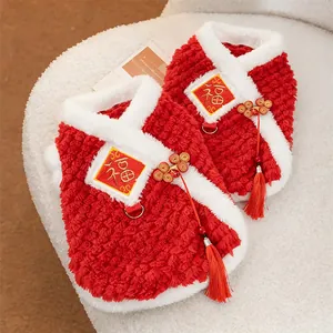 Dettaglio del costume Tang rosso per animali con ricamo Fu e nappe rosse eleganti