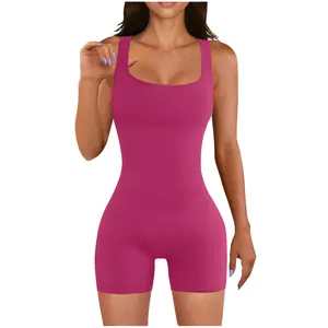 Close-up of a women's magenta square neck sleeveless bodycon yoga romper on model