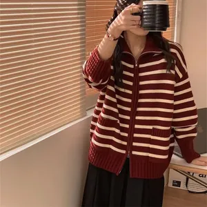 Cozy striped knit cardigan sweater with zipper and front pockets for autumn winter
