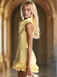 Goose yellow sleeveless mini dress with front zipper and feminine ruffled hem detail