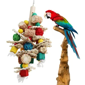 Macro view of colorful bird toy materials including corn cobs and woven straw ropes
