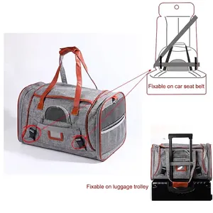 Foldable breathable pet carrier for cats and dogs with car seat belt and luggage straps