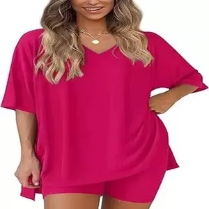 Detailed view of the comfortable rose red loose V-neck t-shirt and shorts lounge set