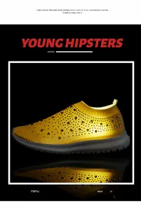 Vista macro di sneaker gialle fly-knit da donna con accenti di strass scintillanti