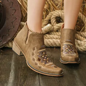Close-up of vintage Western ankle boots featuring ethnic geometric embroidery and square toe.