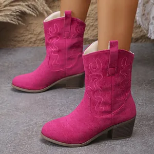 Stylish fuchsia embroidered suede western cowboy boots with retro chunky heels for women