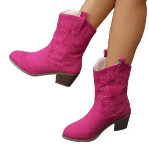 Stylish magenta suede western boots featuring elegant embroidery and chunky heels.