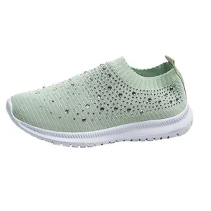 Sneakers da donna in maglia traspirante verde menta con strass luminosi modello slip-on