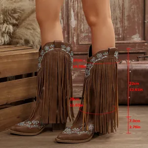 Western cowboy boots with fringe and embroidery detail, showing 7cm heel and shaft height.