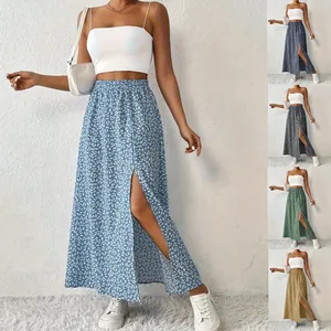 Gonna a Trapezio a Vita Alta con Spacco a Fiori da Donna in Poliestere Lunghezza Media Casual Elegante Abbigliamento Moda Donna