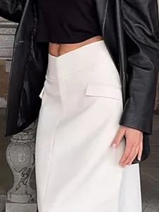 Elegant high-waisted white suit skirt with crossover waist for business casual wear