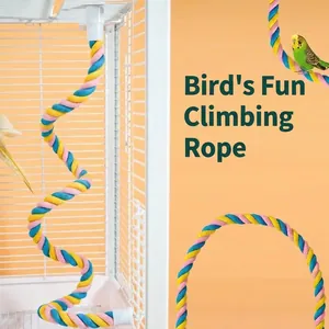 Colorful macaron cotton climbing rope bird toy shown in a parrot cage and profile view