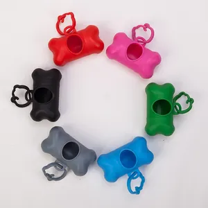 Set of six bone-shaped portable pet waste bag dispensers in various colors for dog walking
