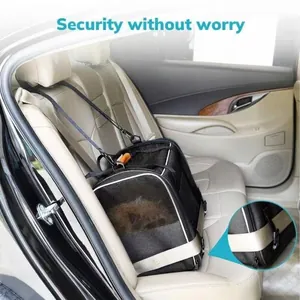 Foldable pet carrier for cats and small dogs professionally secured on car back seat