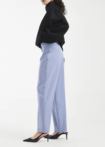 Side view of lavender high-waisted straight-leg dress pants for professional women.