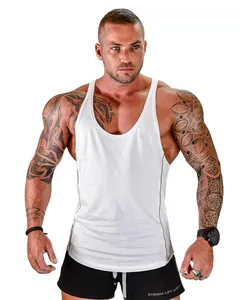 Detail view of men's white athletic quick-dry bodybuilding tank top for gym and training