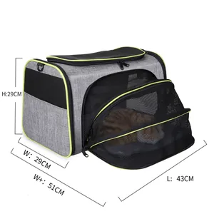 Detailed size guide for this expandable grey pet carrier with breathable mesh panels