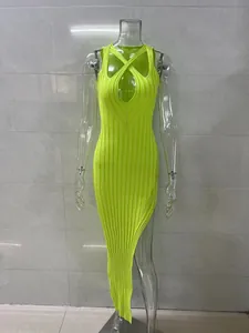 Neon green ribbed knit bodycon dress featuring sexy front cutout and high side slit