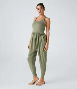 Comfortable olive green sleeveless tapered jumpsuit for women in soft jersey fabric