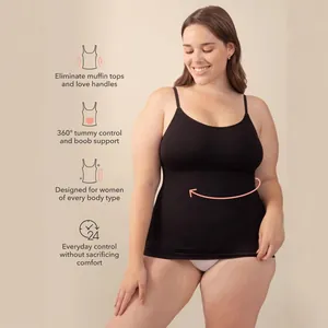 Detail showing 360-degree tummy control features on black seamless shapewear camisole