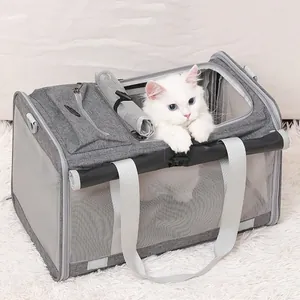 Bolsa de transporte gris plegable para mascotas con malla transpirable y gato blanco