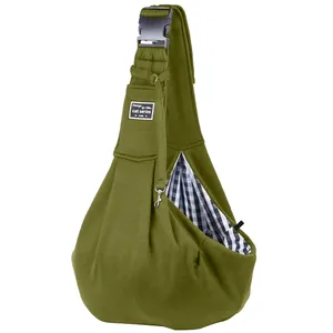 Olive green pet sling carrier bag with adjustable buckle and plaid lining for dogs and cats