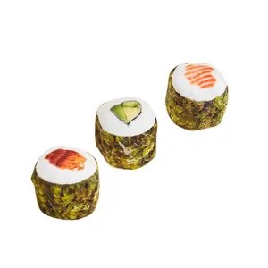 Set of three 3D sushi shaped plush cat toys with catnip for interactive biting play