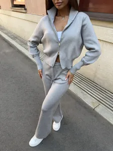 Women Knitted Two Piece Set Long Sleeve Stand Collar Zipper Cardigan Top And Straight Pants Solid Color Streetwear Suit