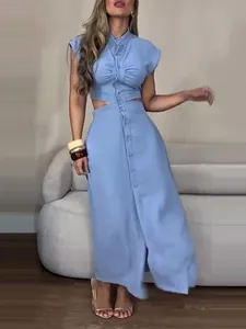 Women Slim Fit Sleeveless Dress Summer Stand Collar Single-breasted Waist Cut-out Maxi A-line Polyester Dress For Vacation