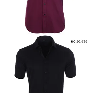Close-up of men's business casual stretch short-sleeve shirts in black and wine red