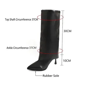 Détail de bottes noires à bout pointu avec mesures de la tige et hauteur du talon
