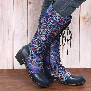 Vintage Kniehohe Schnürstiefel mit floraler Stickerei und bequemem Blockabsatz für Damen