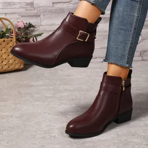 Botines de Punta Afilada Estilo Británico para Mujer Cuero PU Cremallera Lateral Botas Martin Hebilla Metálica Chelsea