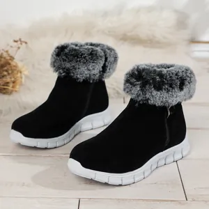 Women's stylish warm winter snow boots with grey faux fur collar and white flat soles.