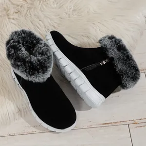 Detailed view of black women's snow boots with grey faux fur and white thick sole
