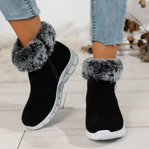 Women's Winter Snow Boots With Faux Fur Collar Side Zipper Short Boots Warm Plush Lining Mid-Heel Anti-Slip Platform Cotton Shoes