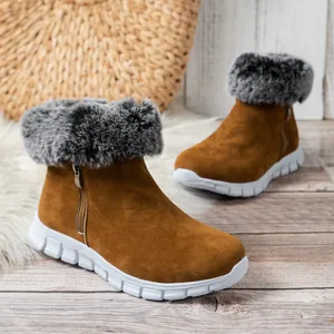 Warm brown suede snow boots with grey faux fur trim and white anti-slip soles.