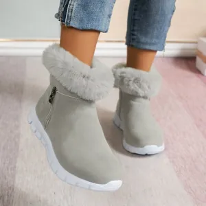 Detail shot of grey winter snow boots with plush faux fur trim and side zipper closure