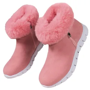 Stylish pink women's snow boots with faux fur trim and warm plush lining for winter.
